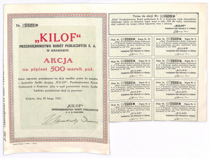 KILOF Przedsiębiorstwo Robót Publicznych S.A. w Krakowie, 500 marek 1922 Kiedyś ...