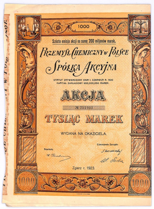 Przemysł Chemiczny w Polsce, Em.III, 5 x 1.000 marek 1923 Największy zakład prze...