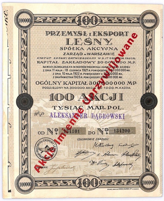 Przemysł i Eksport Leśny SA, 100 x 1.000 marek Obowiązkowy papier w każdym zbior...