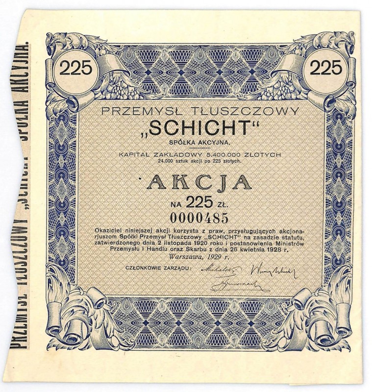 Przemysł Tłuszczowy SCHICHT S.A., 225 złotych 1929 - RZADKA Papier pojawia się d...