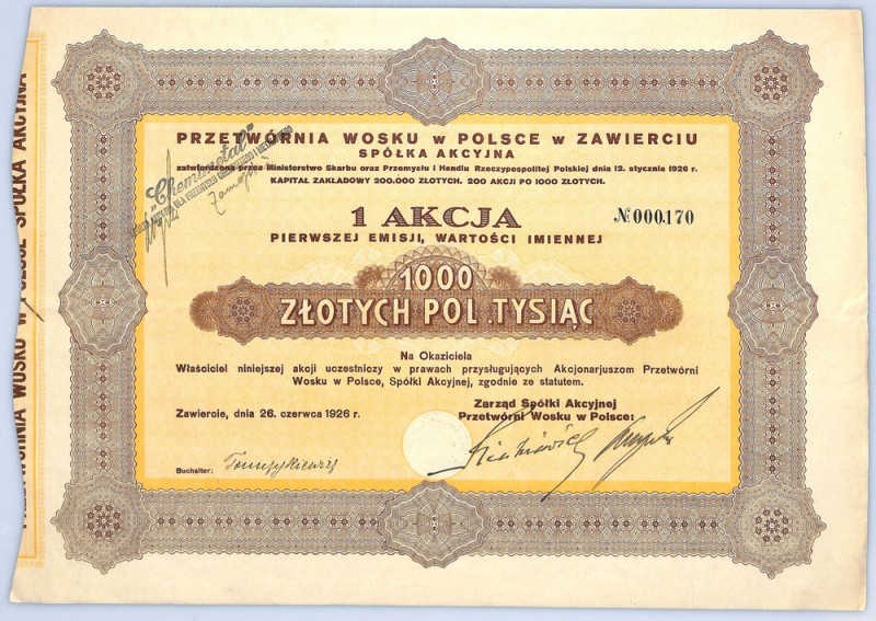 Przetwórnia Wosku w Polsce w Zawierciu S.A., Em.1, 1000 złotych 1926 - rzadsza A...