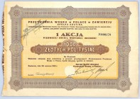 Przetwórnia Wosku w Polsce w Zawierciu S.A., Em.1, 1000 złotych 1926 - rzadsza Akcja dawniej pojawiająca się w obrocie, od lat niewidziana. Należy uzn...