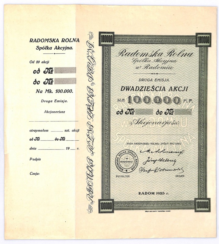 Radomska Rolna SA, Em. II, 20 x 100.000 marek 1923 Blankiet radomskiej akcji pro...