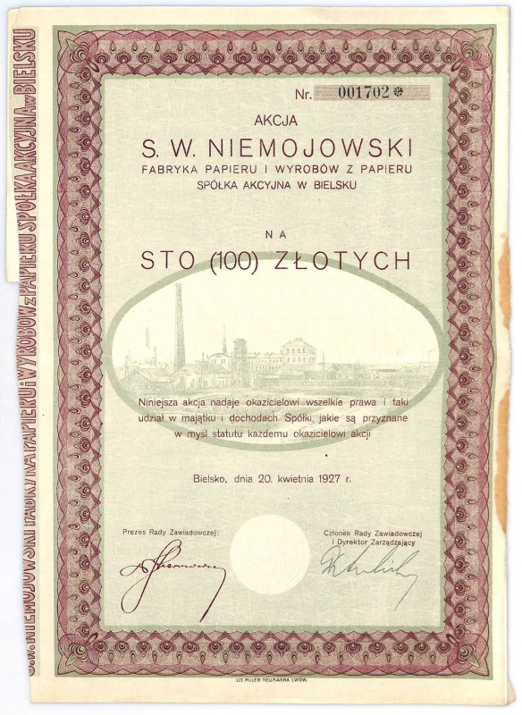 S.W. NIEMOJOWSKI Fabryka Papieru i Wyrobów z Papieru S.A. w Bielsku, 1.000 marek...