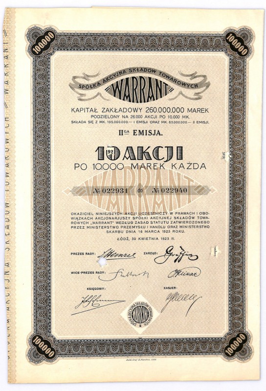 Warrant, Em. II, 10 x 10000 marek 1923 Bardzo duży łódzki dom składowy z siedzib...