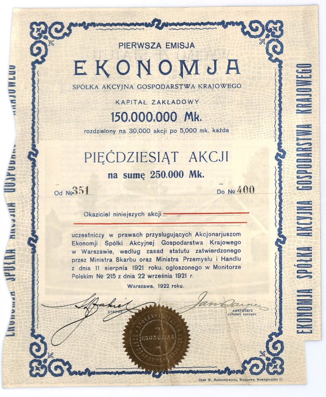 EKONOMIA S.A. Gospodarstwa Krajowego, Em.I, 50 x 5.000 marek 1922 Akcja spółki z...