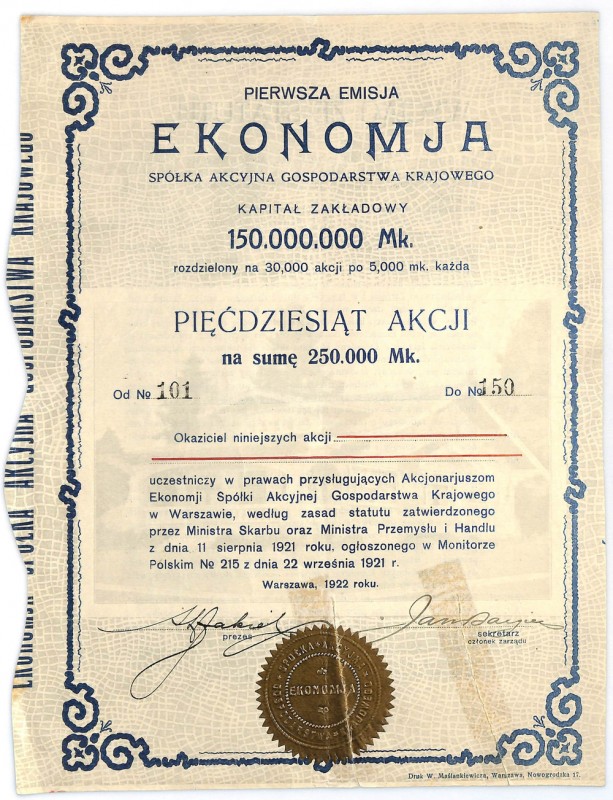 EKONOMIA SA Gospodarstwa Krajowego, Em.I, 50 x 5.000 marek 1922 z zawiadomieniem...