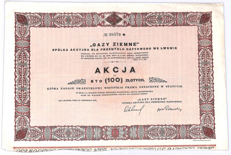 Gazy Ziemne SA, 100 złotych 1931 Spotykana akcja jednej z większych spółek zajmu...
