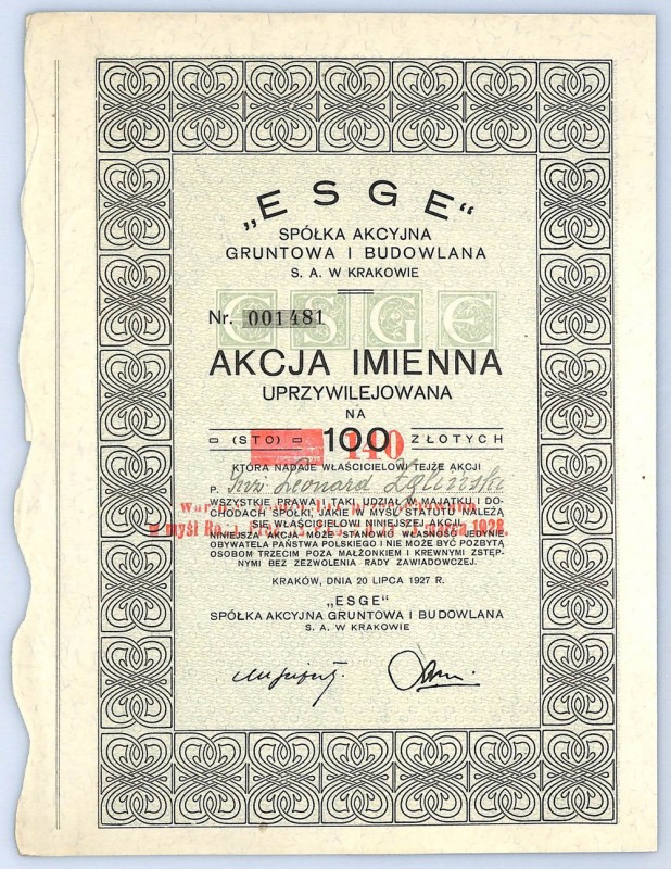 ESGE Spółka Akcyjna Gruntowa i Budowlana, 100 złotych 1927 - Akcja imienna - upr...