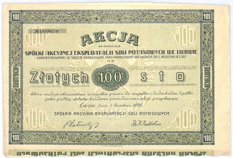 SA Eksploatacji Soli Potasowych, 100 złotych 1929 Największy producent soli pota...