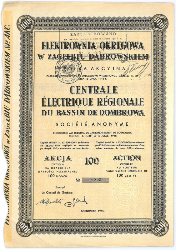 Elektrownia Okręgowa w Zagłębiu Dąbrowskim SA, 100 złotych 1935 Bardzo popularna...