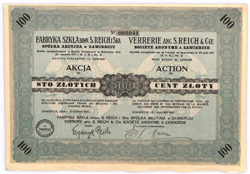 Fabryka Szkła dawniej S.Reich, 100 złotych 1930 Zabudowania Fabryki Szkła w Zawi...