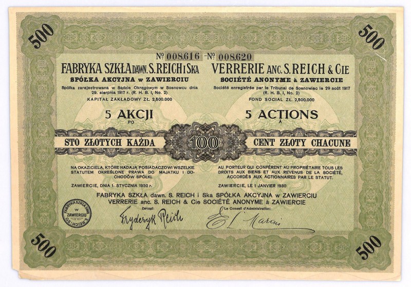Fabryka Szkła SA w Zawierciu, 5 x 100 złotych 1930 Popularna akcja jednej z więk...