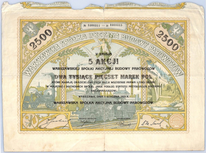 Warszawska SA Budowy Parowozów, Em.V, 2500 marek 1923 - BARDZO RZADKI NOMINAŁ Wa...
