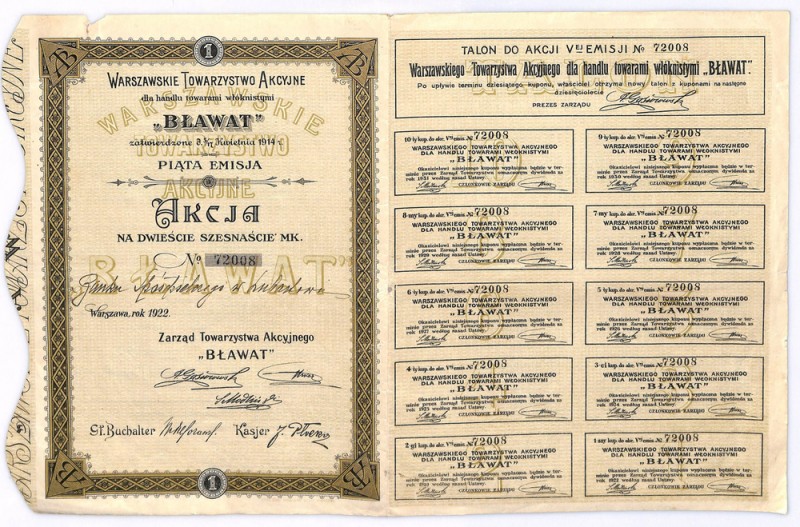 Warszawskie Tow. Akc. Dla Handlu Towarami Włóknistymi BŁAWAT, Em.5, 216 złotych ...