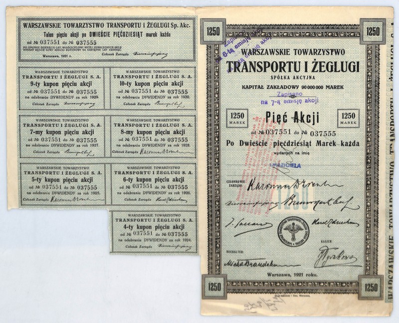 Warszawskie Towarzystwo Transportu i Żeglugi SA, 5 x 250 marek 1921 Walor pojawi...