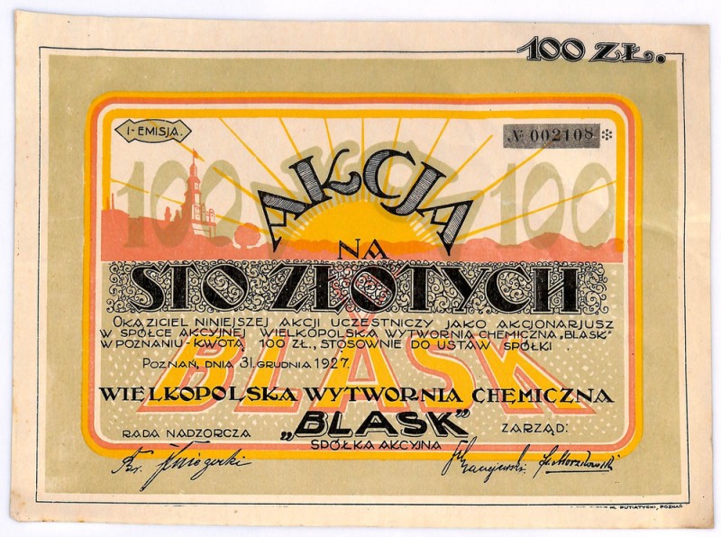 Wielkopolska Wytwórnia Chemiczna BLASK SA, 100 złotych 1927 Bardzo nietypowy jak...