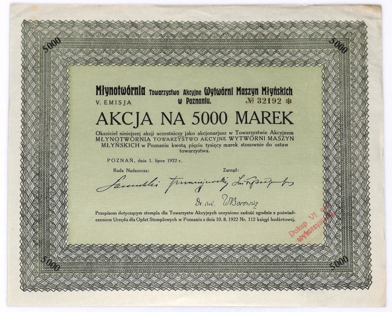 MŁYNOTWÓRNIA Towarzystwo Akcyjne Wytwórni Maszyn Młyńskich, Em.5, 5.000 marek 19...