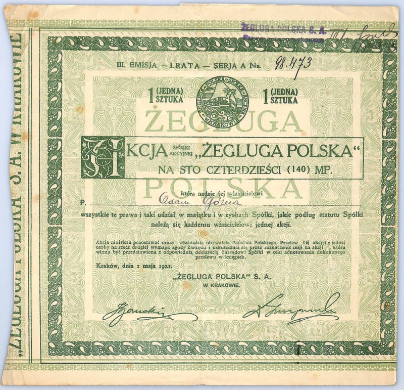 ŻEGLUGA POLSKA, Em.III, Seria A, 140 marek 1921 'Żegluga Polska' z siedzibą w Kr...