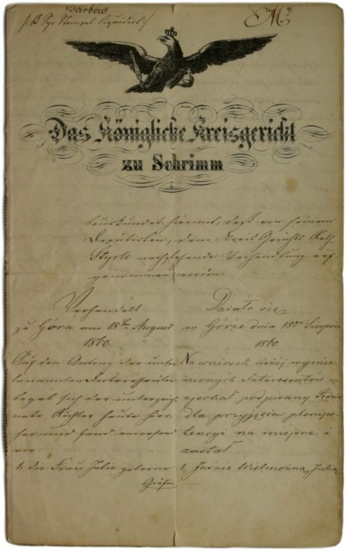 Dokument, Królewski sąd okręgowy w Śremiu 18 Sierpnia 1860 - rodzina szlachecka ...