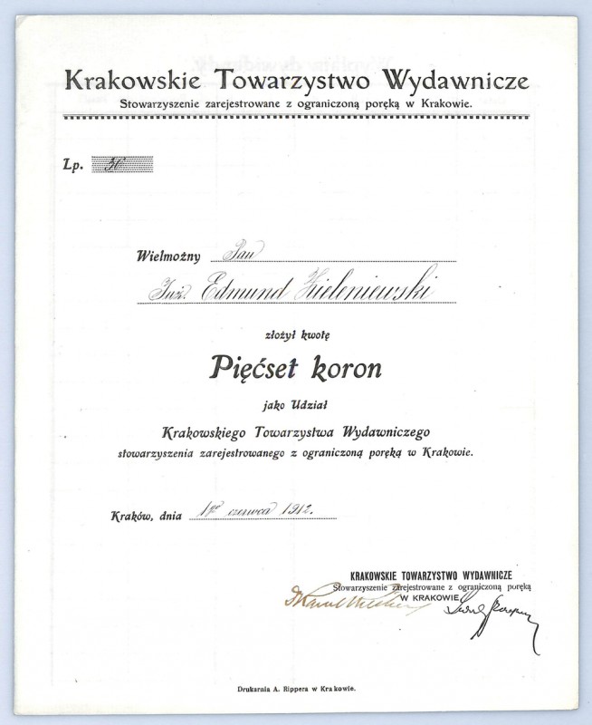 Krakowskie Towarzystwo Wydawnicze, 500 koron 1912 Nieczęsto spotykany walor spół...