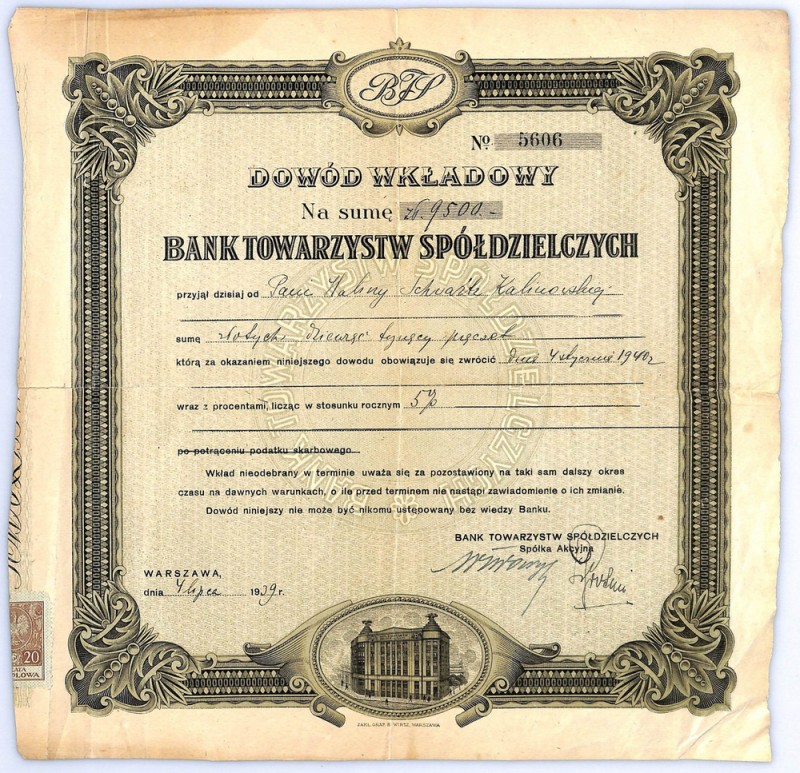Dowód Wkładowy, Bank Towarzystw Spółdzielczych, 9500 zł 1939 Rzadki i piękny gra...