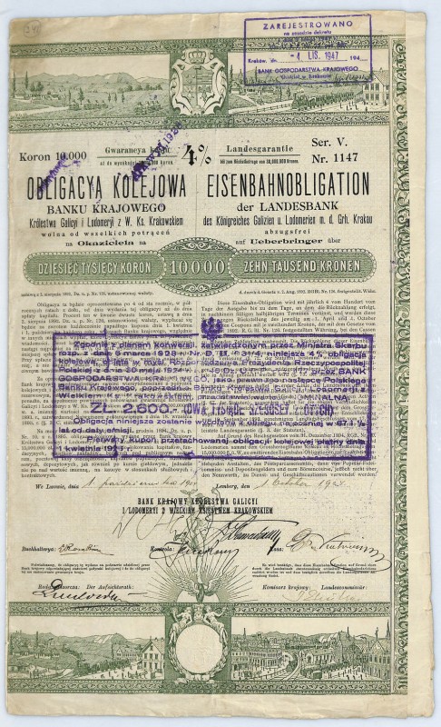 4% Obligacja Kolejowa Banku Krajowego na 10.000 koron 1907 Typowa galicyjska obl...
