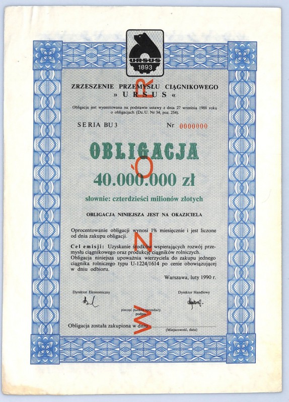 Ursus, Zrzeszenie Przemysłu Ciągnikowego, Obligacja 40 milionów złotych 1990 - W...