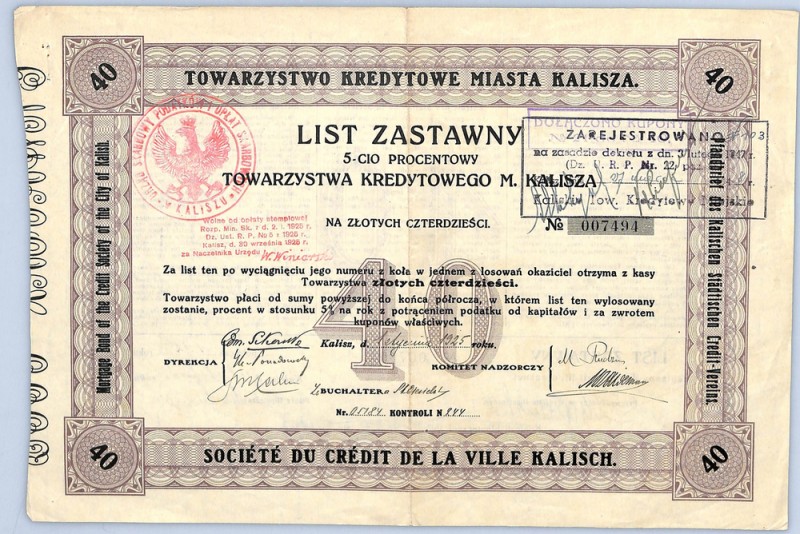 5% List Zastawny Towarzystwa Kredytowego w Kaliszu na 40 złotych 1925 

 Polan...