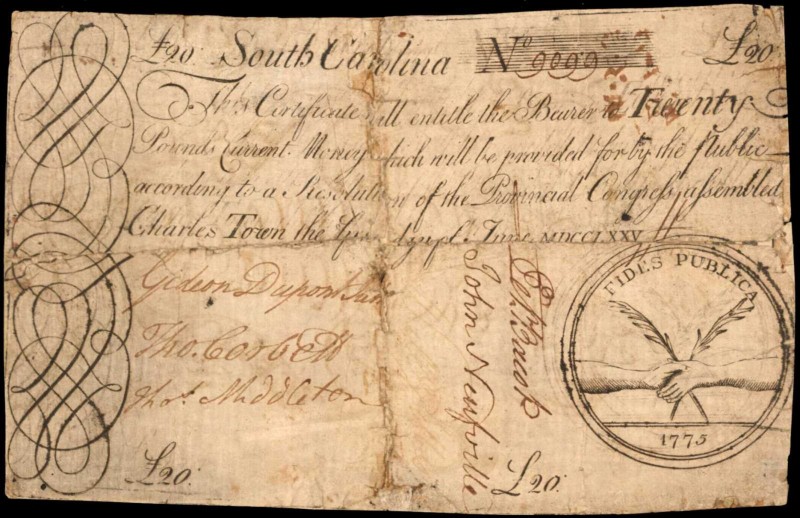 Colonial Notes

SC-100. South Carolina. June 1, 1775. 20 Pounds. Fine.

A Fi...