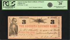 Georgia

Augusta, Georgia. Augusta Savings Bank Certificate of Deposit. 1861. $3. PCGS Currency Very Fine 20.

PCGS Currency comments "Mounting Re...