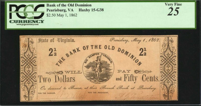 Virginia

Pearisburg, Virginia. Bank of the Old Dominion. 1862. $2.50. PCGS Cu...