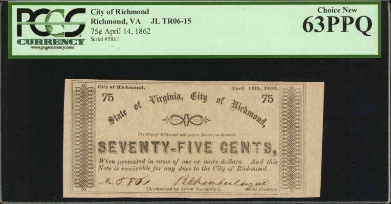 Virginia

Richmond, Virginia. City of Richmond. 1862. 75 Cents. PCGS Currency ...