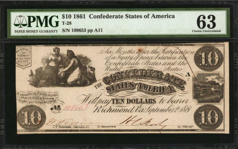 Confederate Currency

T-28. Confederate Currency. 1861 $10. PMG Choice Uncircu...