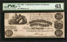Confederate Currency

T-28. Confederate Currency. 1861 $10. PMG Choice Uncirculated 63.

No. 109653, Plate A11. Bright paper and attractive ink st...