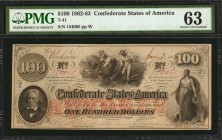 Confederate Currency

T-41. Confederate Currency. 1862-63 $100. PMG Choice Uncirculated 63.

No. 154065, Plate W. An attractive Choice Uncirculate...