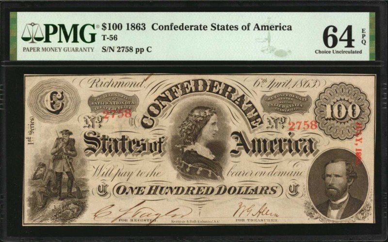 Confederate Currency

T-56. Confederate Currency. 1863 $100. PMG Choice Uncirc...