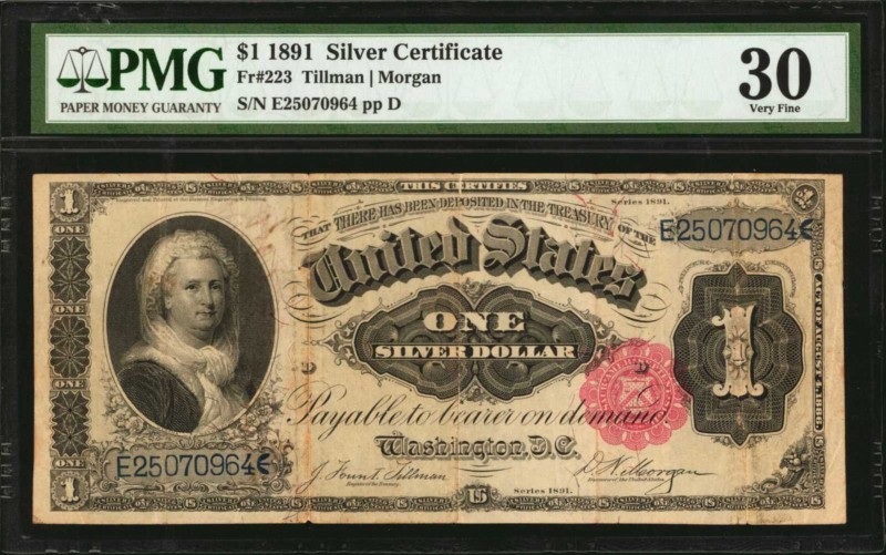 Silver Certificates

Fr. 223. 1891 $1 Silver Certificate. PMG Very Fine 30.
...