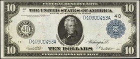 Federal Reserve Notes

Fr. 919b. 1914 $10 Federal Reserve Note. Cleveland. Choice About Uncirculated.

Bright paper and dark blue overprints add t...