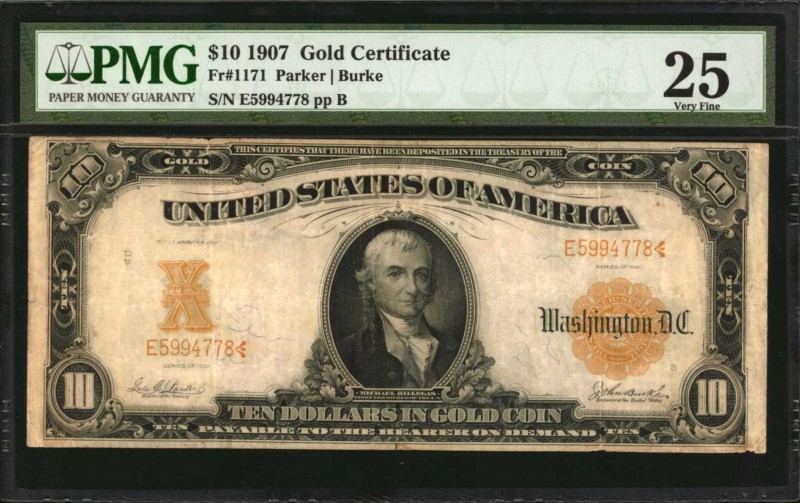 Gold Certificates

Fr. 1171. 1907 $10 Gold Certificate. PMG Very Fine 25.

A...