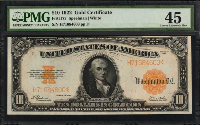 Gold Certificates

Fr. 1173. 1922 $10 Gold Certificate. PMG Choice Extremely F...