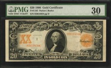 Gold Certificates

Fr. 1185. 1906 $20 Gold Certificate. PMG Very Fine 30.

Appealing orange ink stands out on the reverse of this 1906 dated $20 G...