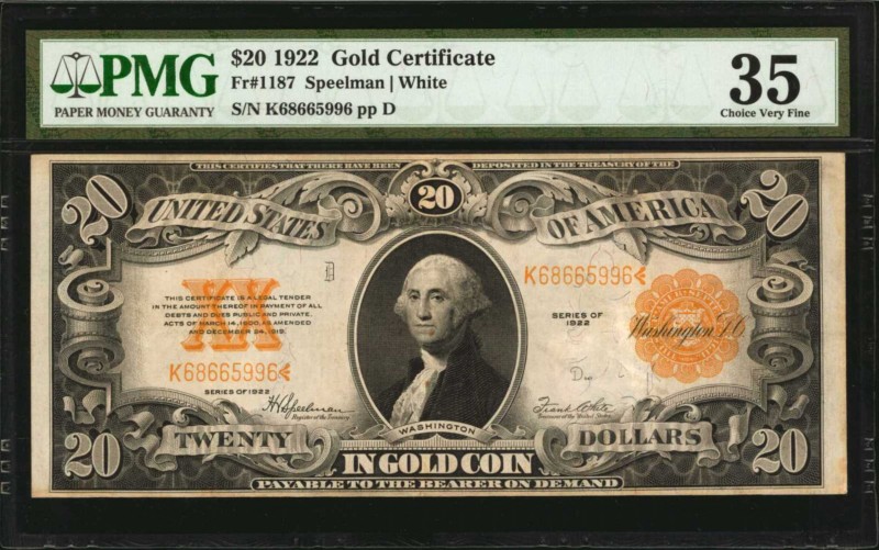 Gold Certificates

Fr. 1187. 1922 $20 Gold Certificate. PMG Choice Very Fine 3...