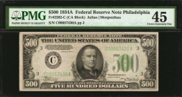 Federal Reserve Notes

Fr. 2202-C. 1934A $500 Federal Reserve Note. Philadelphia. PMG Choice Extremely Fine 45.

An appealing mid-grade example of...