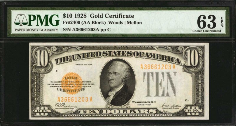 Gold Certificates

Fr. 2400. 1928 $10 Gold Certificate. PMG Choice Uncirculate...