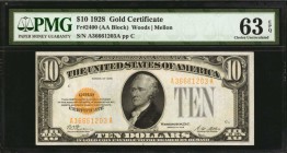 Gold Certificates

Fr. 2400. 1928 $10 Gold Certificate. PMG Choice Uncirculated 63 EPQ.

Dark gold overprints stand out on extremely bright paper ...