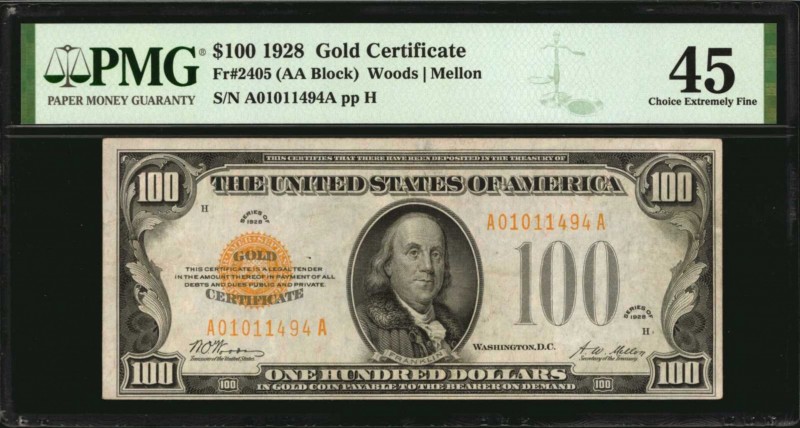 Gold Certificates

Fr. 2405. 1928 $100 Gold Certificate. PMG Choice Extremely ...