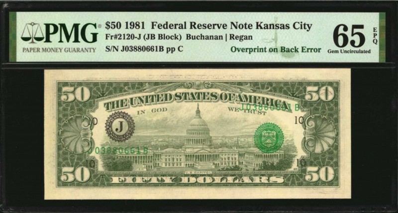 Third Printing on Reverse

Fr. 2120-J. 1981 $50 Federal Reserve Note. Kansas C...