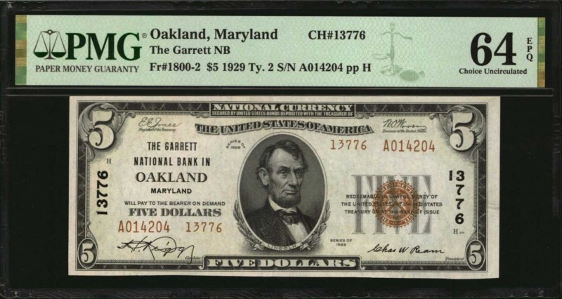Maryland

Oakland, Maryland. $5 1929 Ty. 2. Fr. 1800-2. The Garrett NB. Charte...