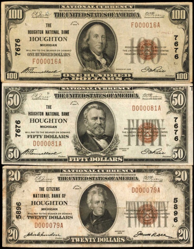 Michigan

Lot of (3) Houghton, Michigan. $20, $50 & $100 1929 Ty. 1. Fr. 1802-...